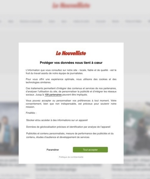 Capture d'écran de la page d'accueil du Nouvellsite qui invite à accepter les cookies, ou pas.