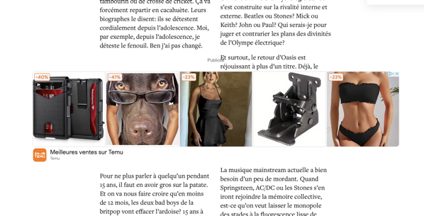 Capture d'écran d'un article en ligne, coupé par de la publicité qui occulte presque une partie du texte.